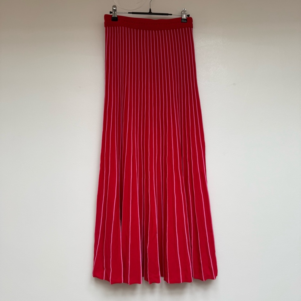 Sandro Red and White Striped Midi Skirt
